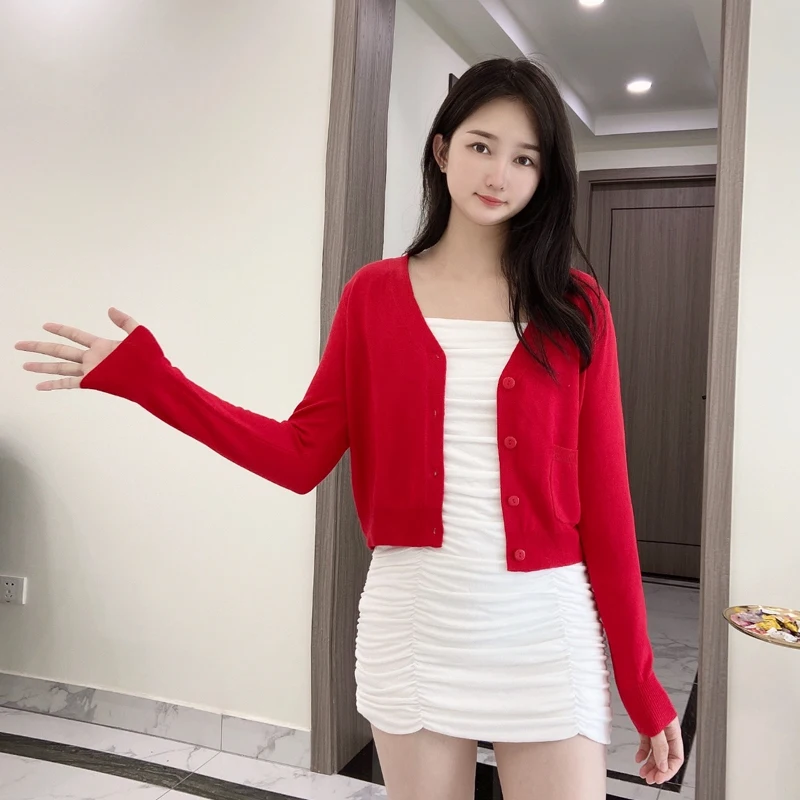 

Black Cropped Knitted Sweater Clothing Knit Ladies Jersey Korean Style Blouses Long Sleeve Top Cardigan Female Sweaters Fashion