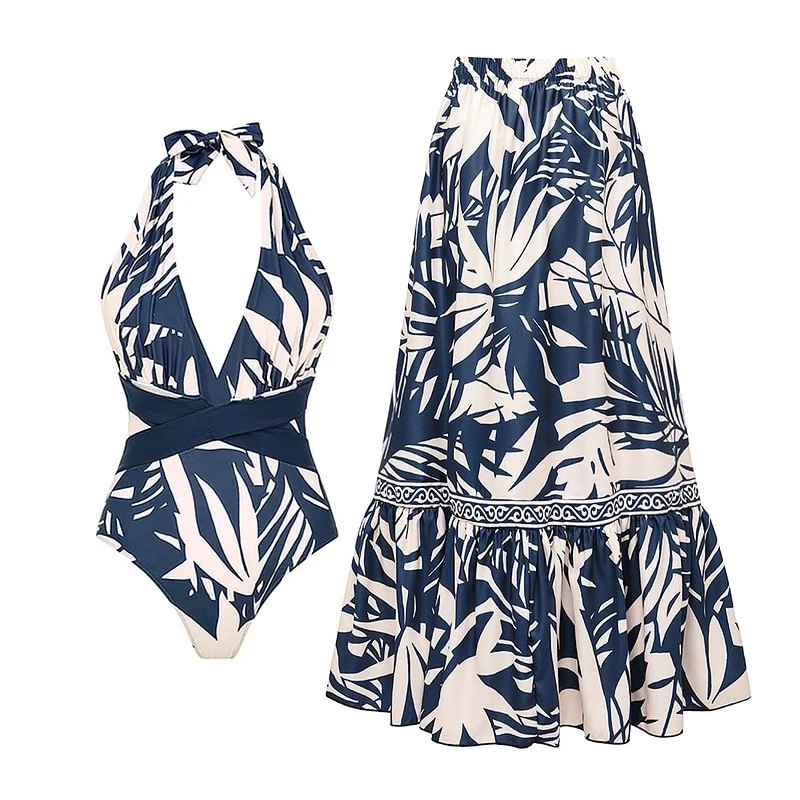 Flaxmaker Women Bohemian Strap V Neck Leaves Print One Piece Swimsuit and Pants Skirt Summer Women Beach Party Swimsuit Dress
