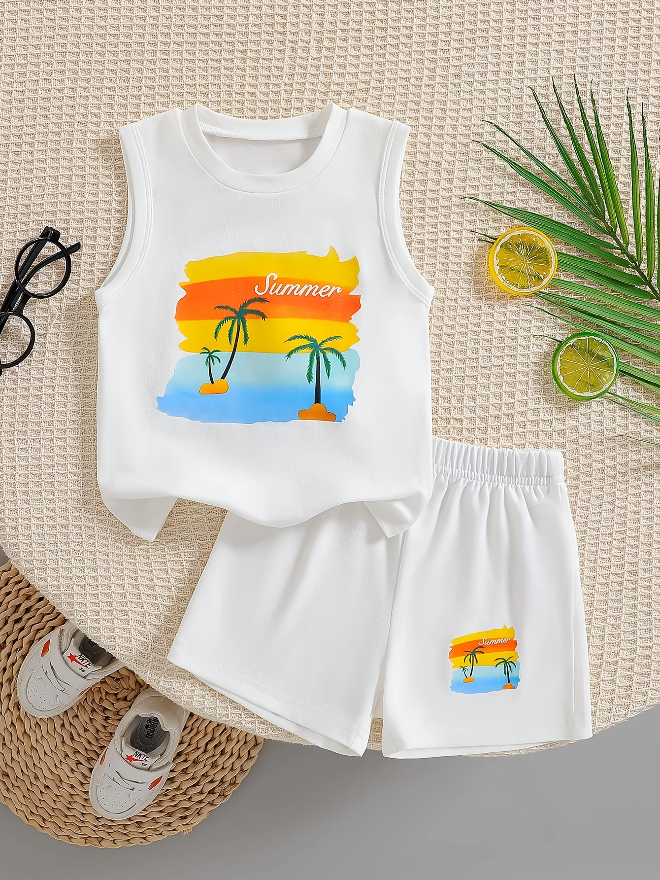 

Летний комплект без рукавов с белым пальмовым принтом для маленьких мальчиков: майка + шорты, идеально подходит для подарков на день рождения и День святого Валентина