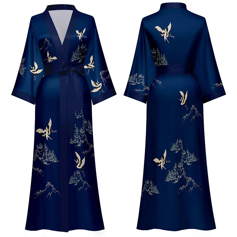 Vintage Navy Blue Kimono Bathrobe Gown Women Casual Sleepwear Wedding Robe Chinese Style Nightwear Nightgown Satin Home Dress