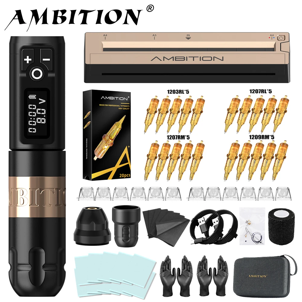 

Беспроводная тату-машинка Ambition Soldier и портативный термопринтер для татуировок G1, профессиональный набор из 20 картриджей Glory Tattoo с иглами