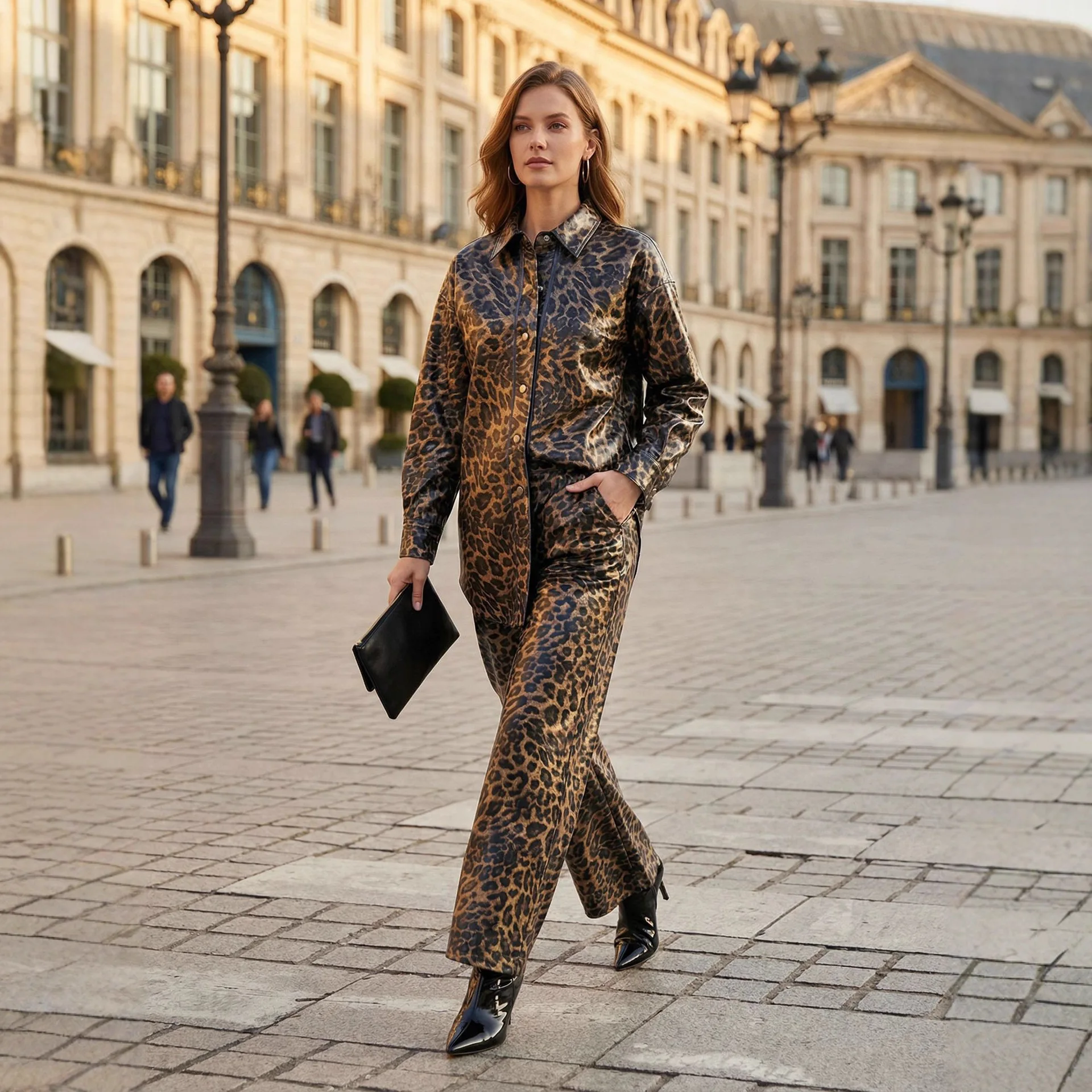 

Elegant Leopard Print Two Piece Set Luxury Shiny Long Sleeve Shirt And Wide Leg Pants For Cocktail Party Dinner Club Nightwear