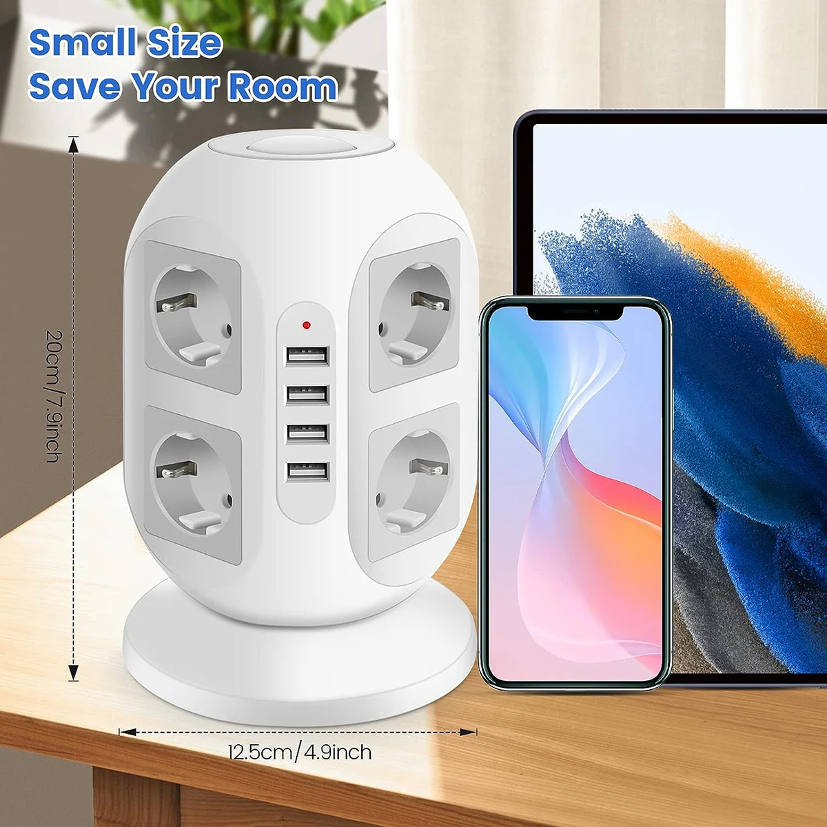 Tower Power Strip Multi Electrical Socket Adapter 8AC+4USB Port Fast Charge,6.5Ft Extension Cable Network Filter,For Home Office