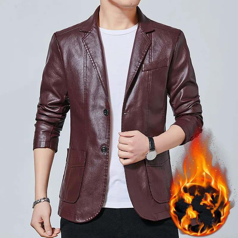 

Winter clothing new men's trend with plush thick leather jacket, casual warm jacket, suit collar leather jacket, cross-border me