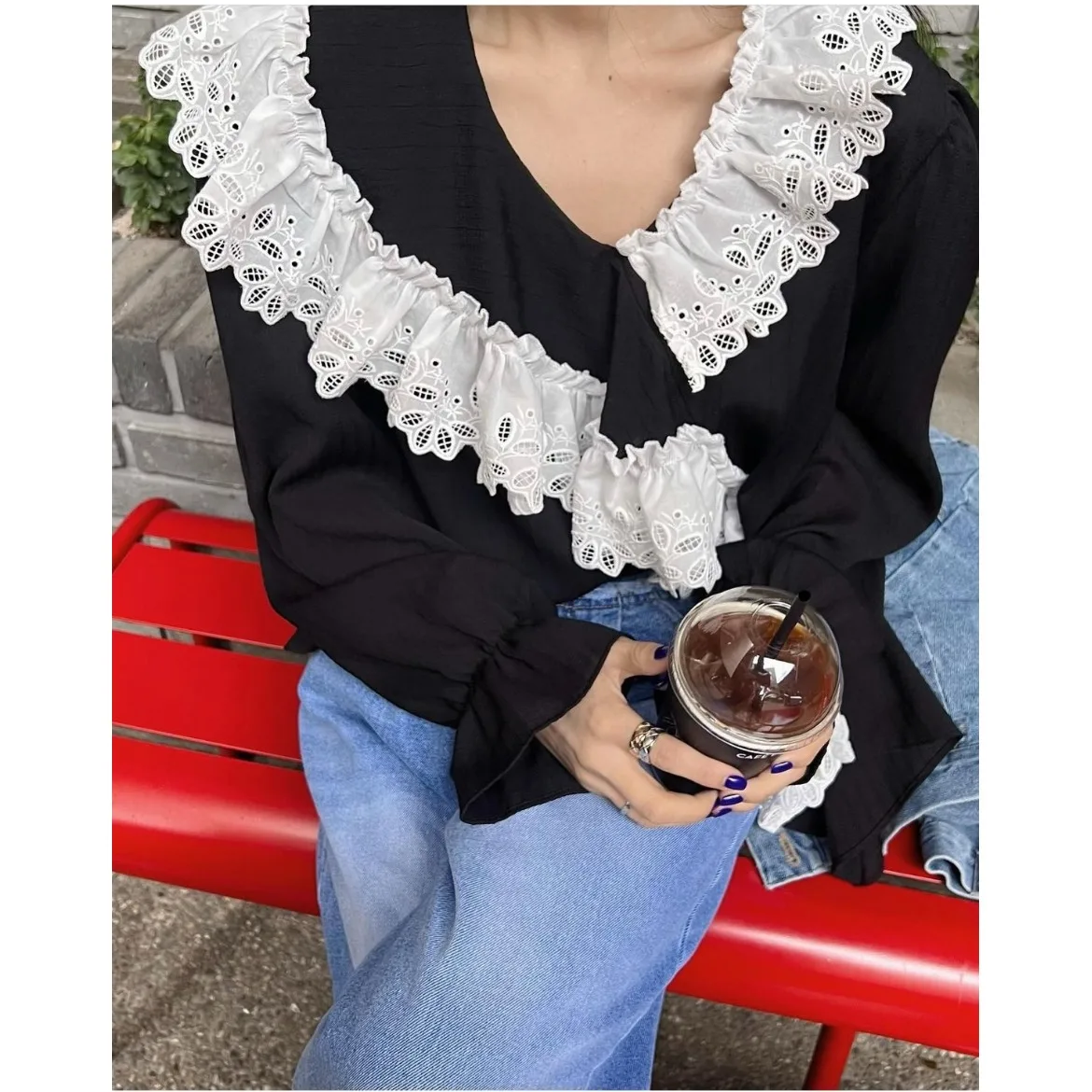 

Ele Lazy Sle Holiday Loose irt with Lace Trim Versatile Casual Korean Faion Spring Autumn Winter Women's Top