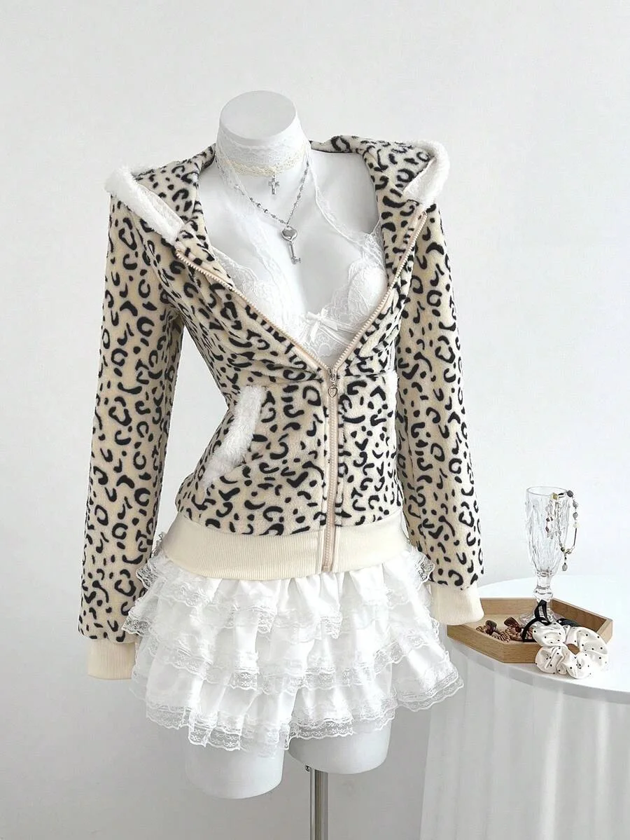 Y2k Harajuku pink leopard print Punk Kawaii Aesthetic American autumn winter Retro fashion zipup cardigan hooded slim fit Hoodie