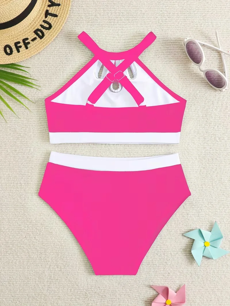 Süßer, einfarbiger Badeanzug für junge Mädchen, Sommer-Strandkleidung, 2-teiliger Tankini-Badeanzug für Mädchen im Alter von 8-12 Jahren – Detail 5