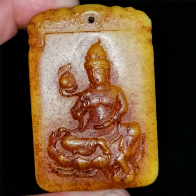 Chinese Hetian Jade Two Sides Hand Carved Pendant Necklace Bodhisattva