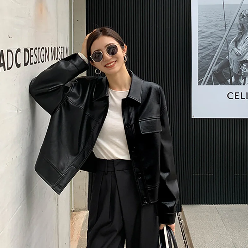 Jaqueta de couro preta para mulheres 2025 nova primavera e outono estilo curto high end gola retro jaqueta de couro da motocicleta