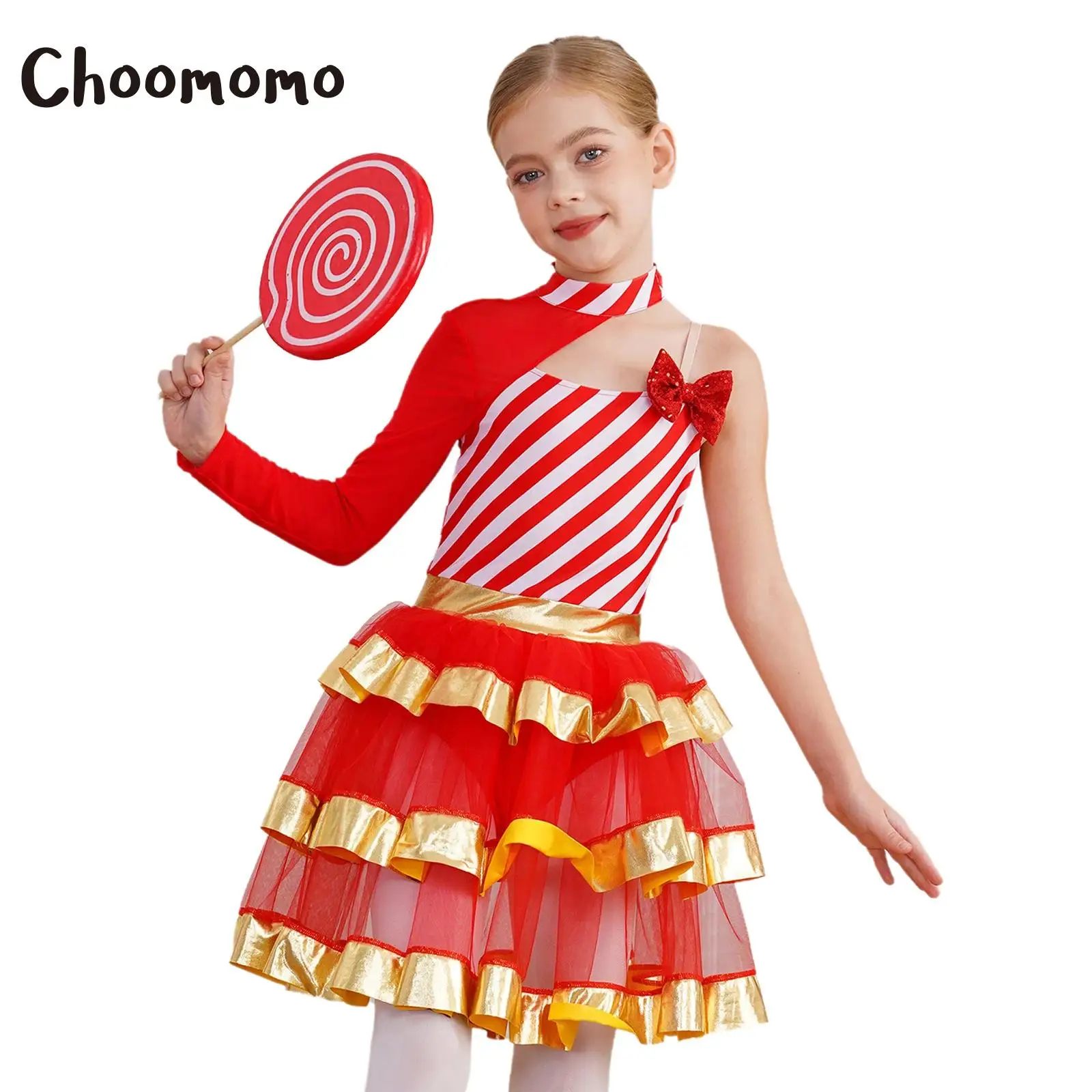 Girls Holiday Christmas Asymmetrical Shoulder Dance Figure Ice Skating Tiered Tutu Dress Sweetie Xmas Candy Cane Xmas Costumes