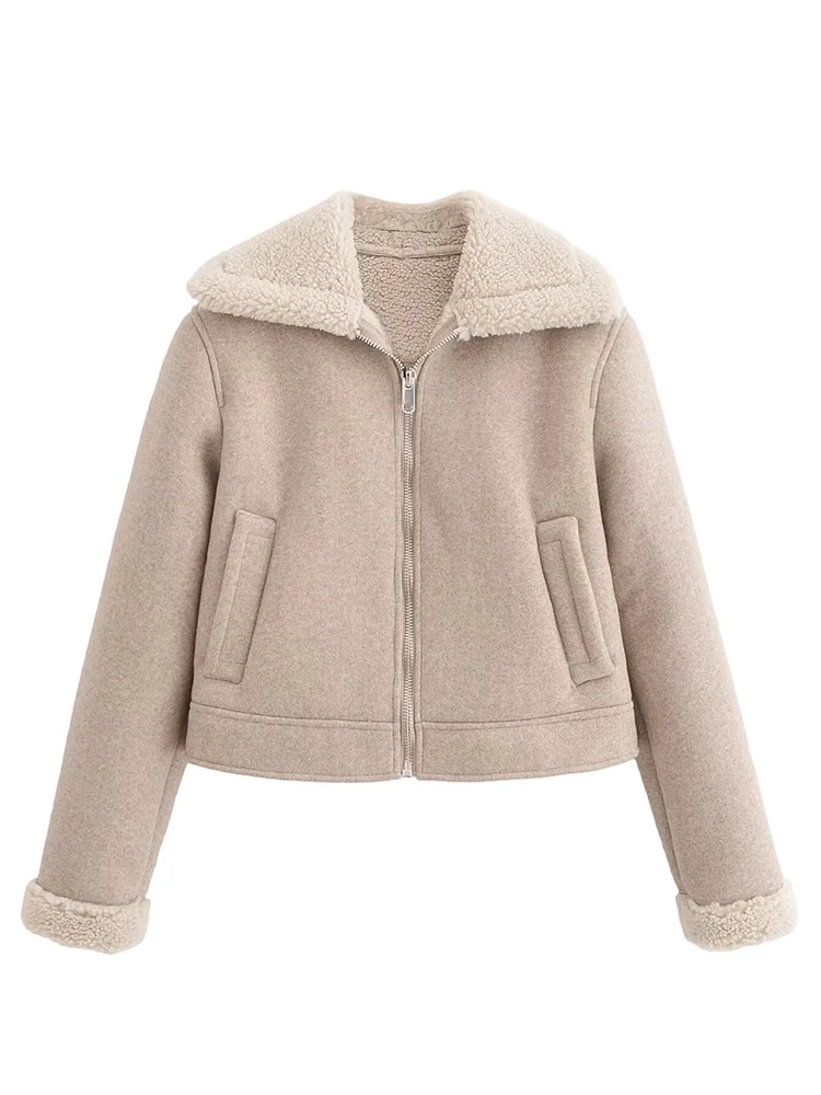 

European style new women's fashion versatile temperament simple solid color long sleeve lapel fur coat