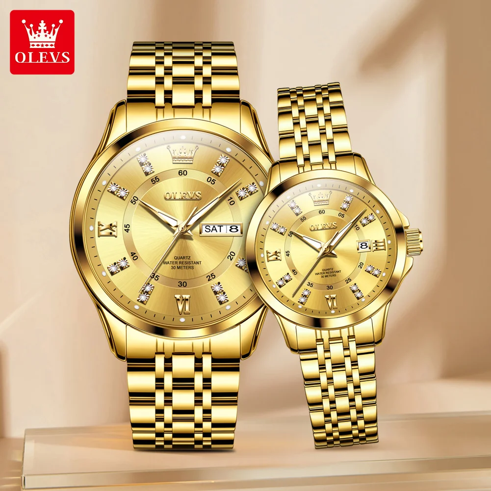 OLEVS Luxury Golden Stainless Steel Quartz Watches for Couple Luminous Hands Calendar Waterproof Business Lover's Watch Couples