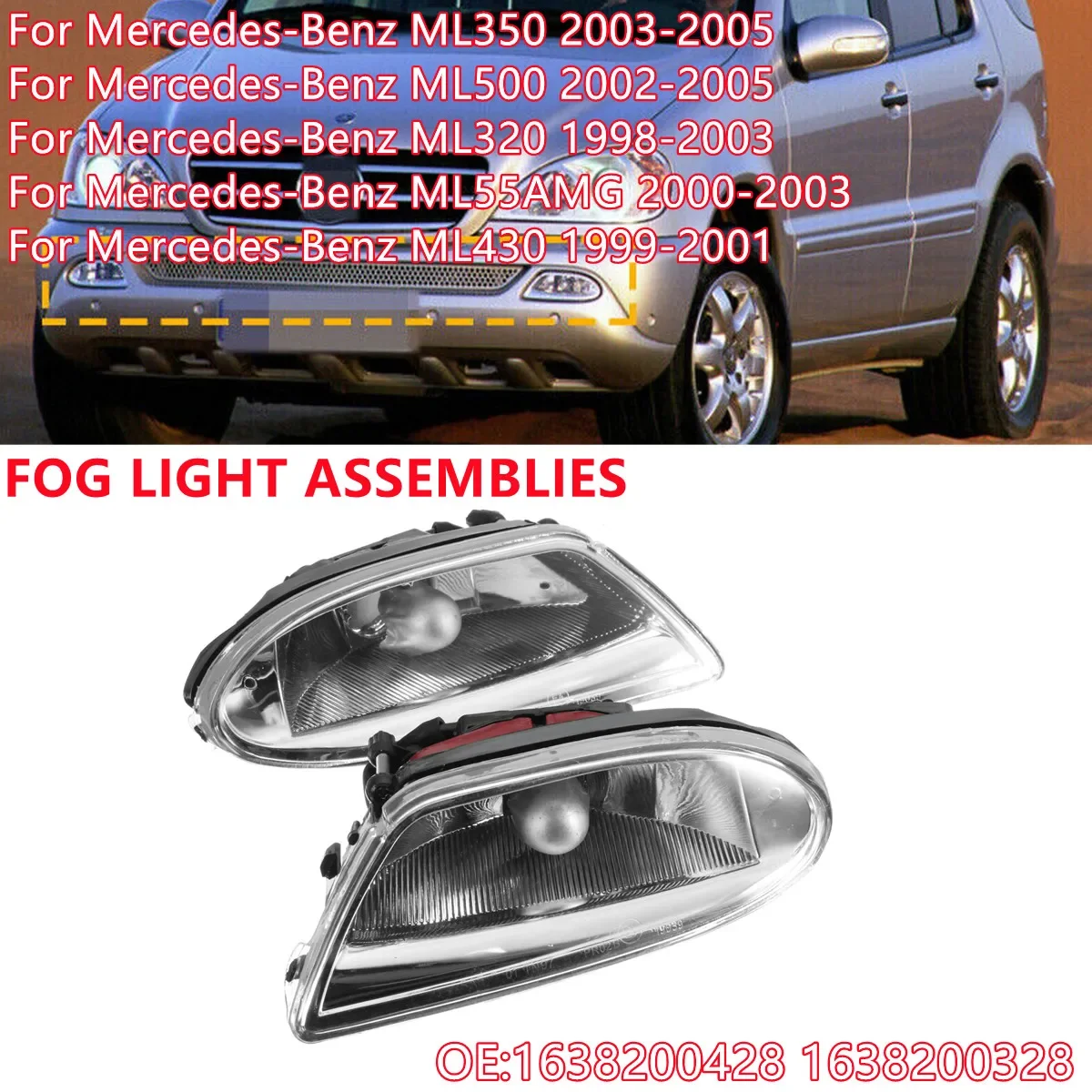 

Пара передних противотуманных фонарей 1638200328 1638200428 для Mercedes Benz W163 ML320 ML350 ML430 1998-2005, противотуманные фары для переднего бампера
