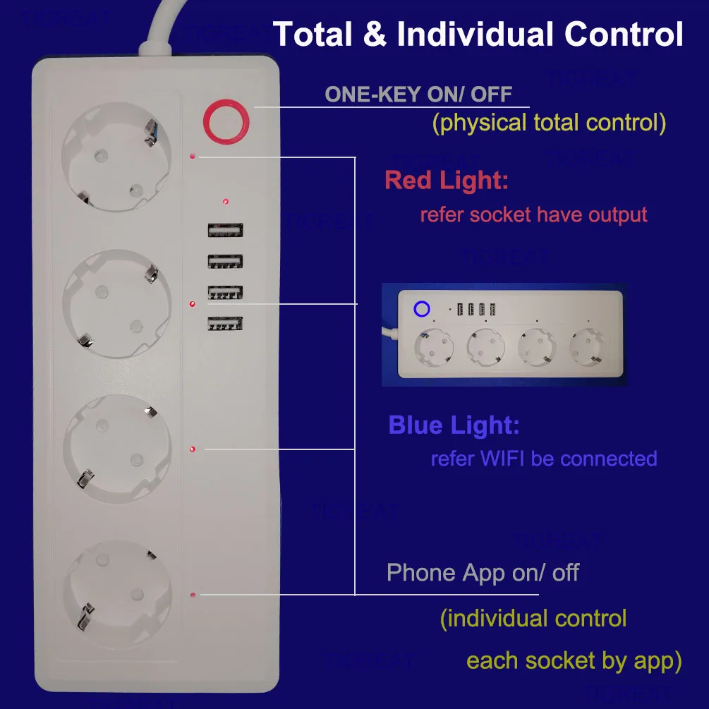 Tigreat Smart Power Strip Wifi EU 16A 4 outlet Socket Plug Timer Remote Control Socket Tuya Alexa Google Home IFTTT Outlet