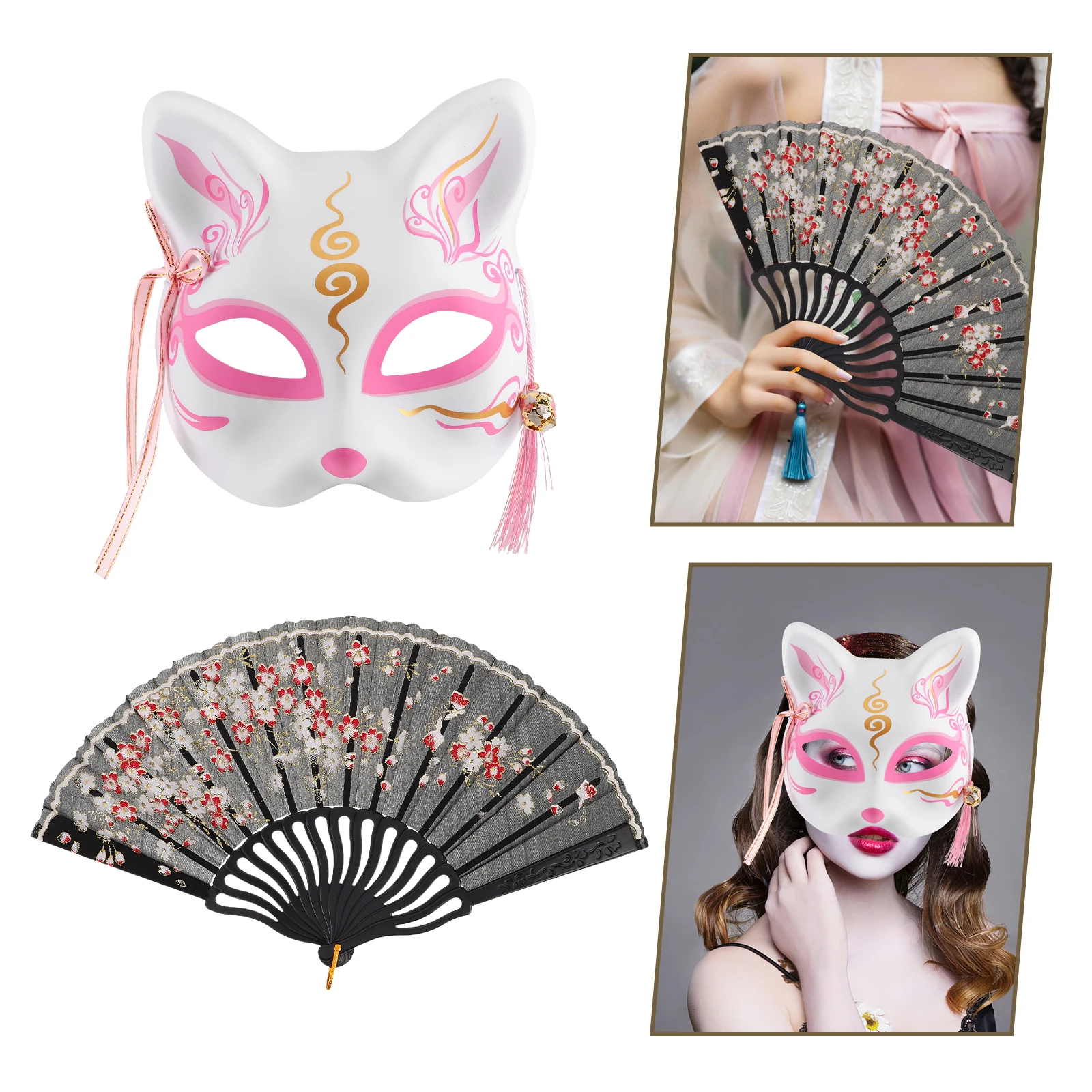 

1 set 1 Set Japanese Fox Mask Hand Painted Cosplay Mask Halloween Costume Accessories Folding Fan Masquerade