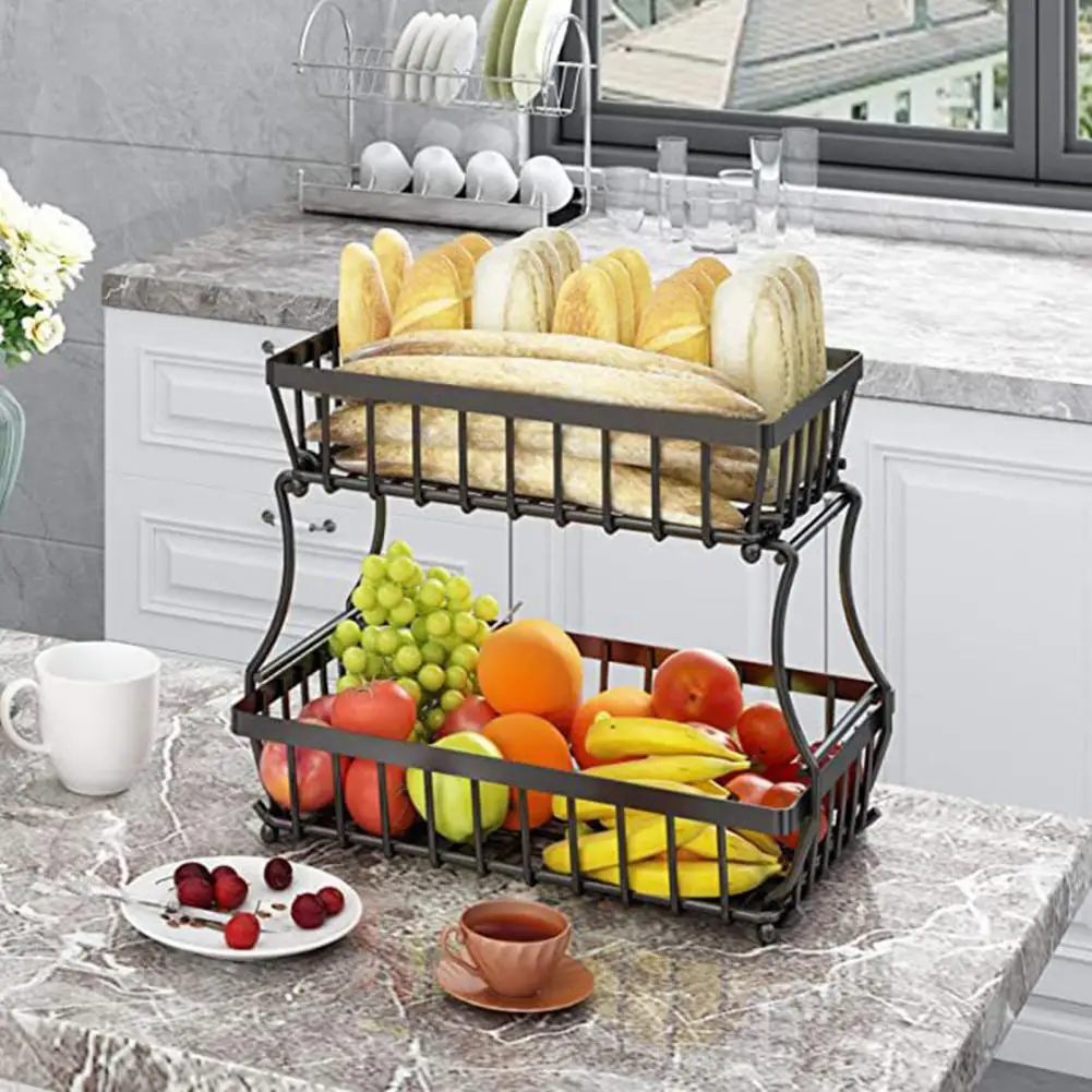 Rust-free Storage Basket Metal Wire 2 Tier Countertop Fruit Basket for Kitchen Organization Sturdy Vegetable Storage Stand