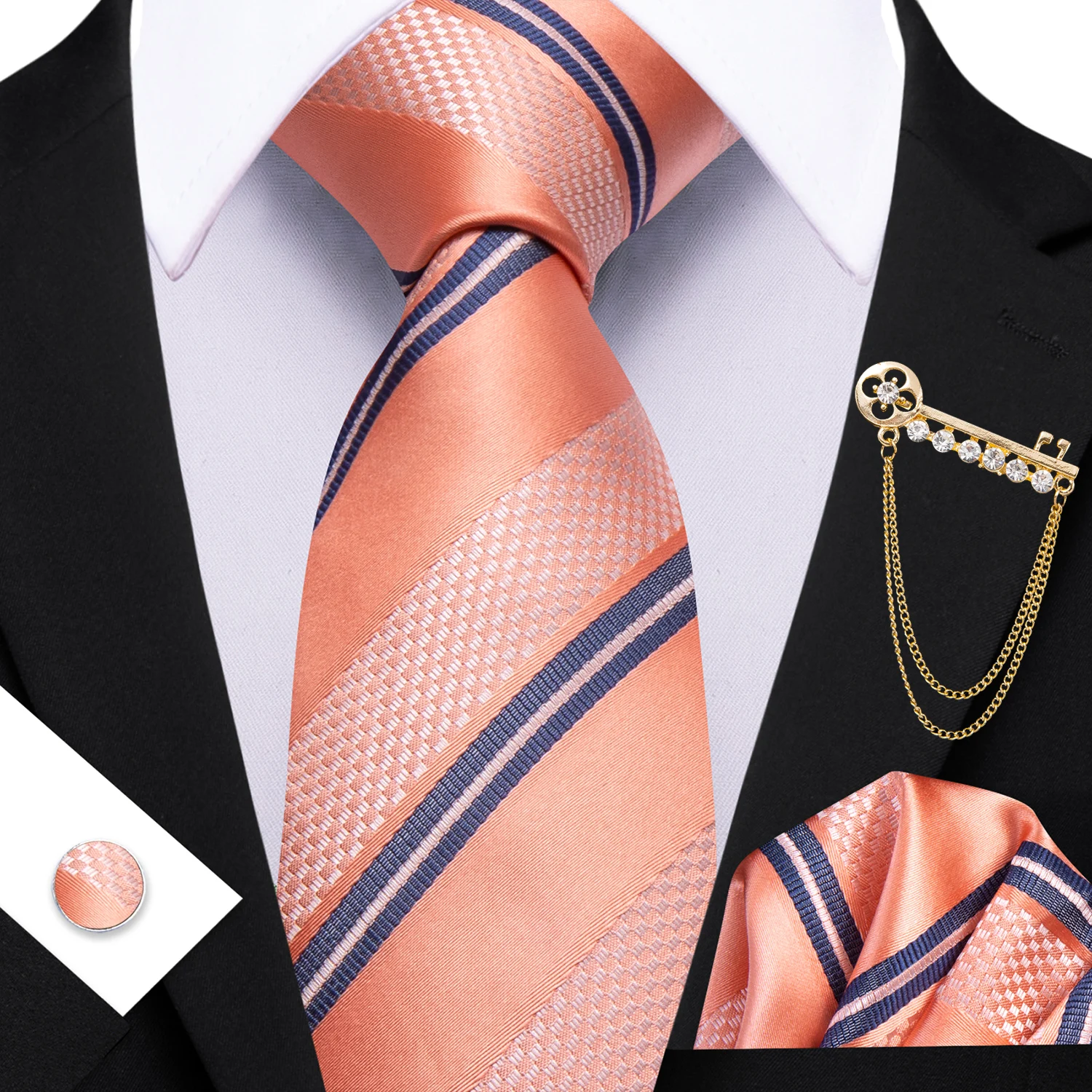 Men's Fashion Striped Mint Green Navy Blue Tie Set with Matching Pocket Square & Cufflinks Brooch Casual Necktie Accessories
