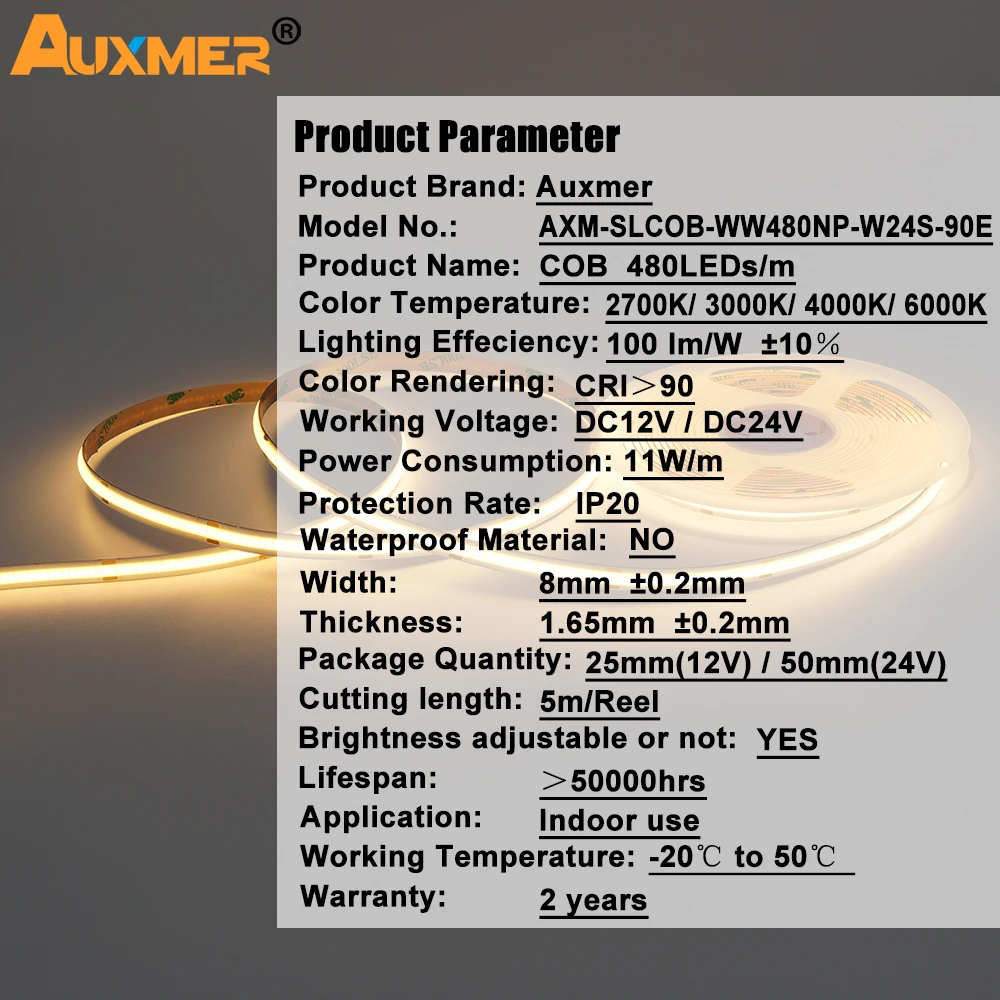 COB LED Strip Light 480LEDs/m,RA90 High Density LED Strip Ribbon Tape RA90 LED Lights White Dimmable DC24V IP20