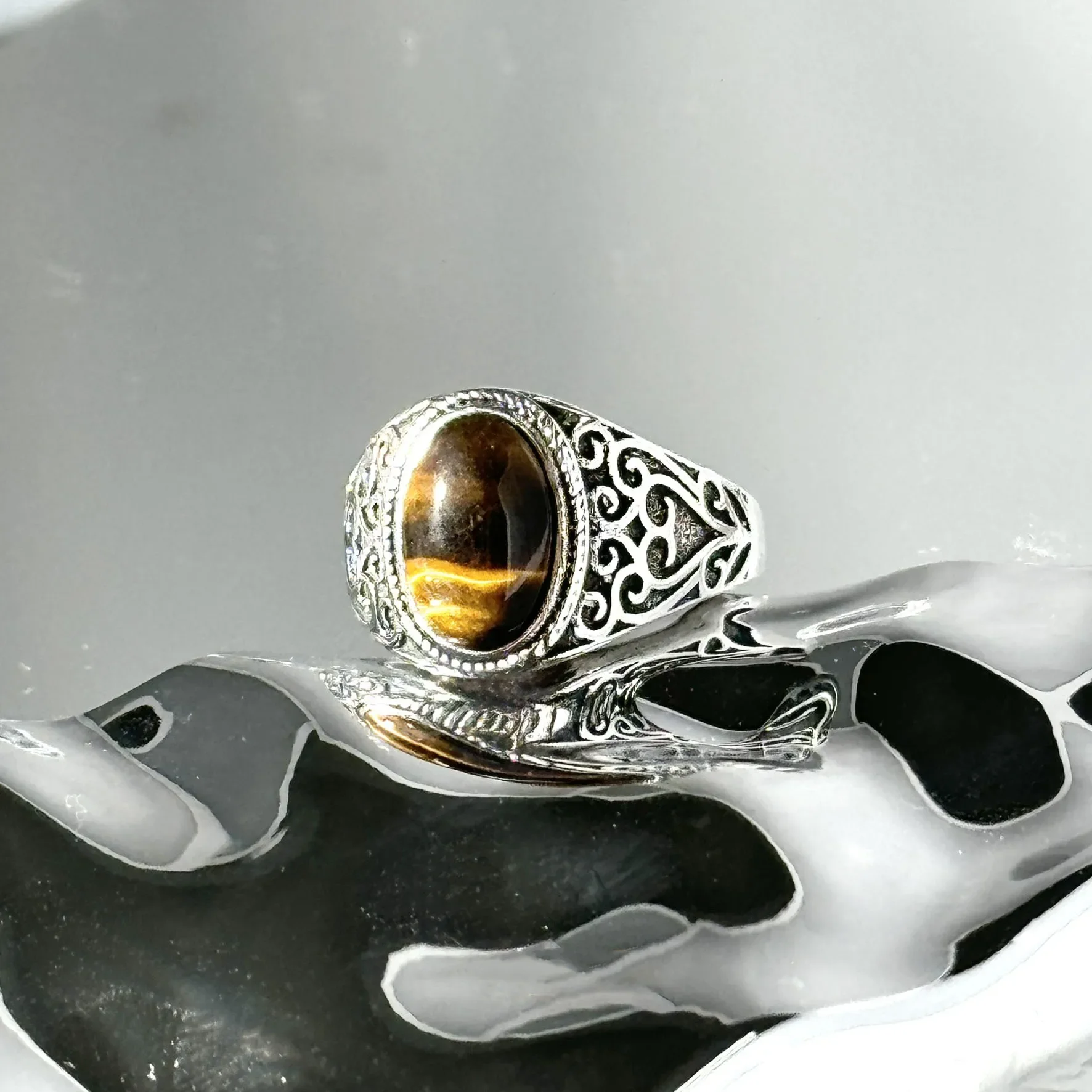 Heart Sound Tiger Eye Stone Live Mouth Men's Ring, Vintage Style Gift, Open End Ring