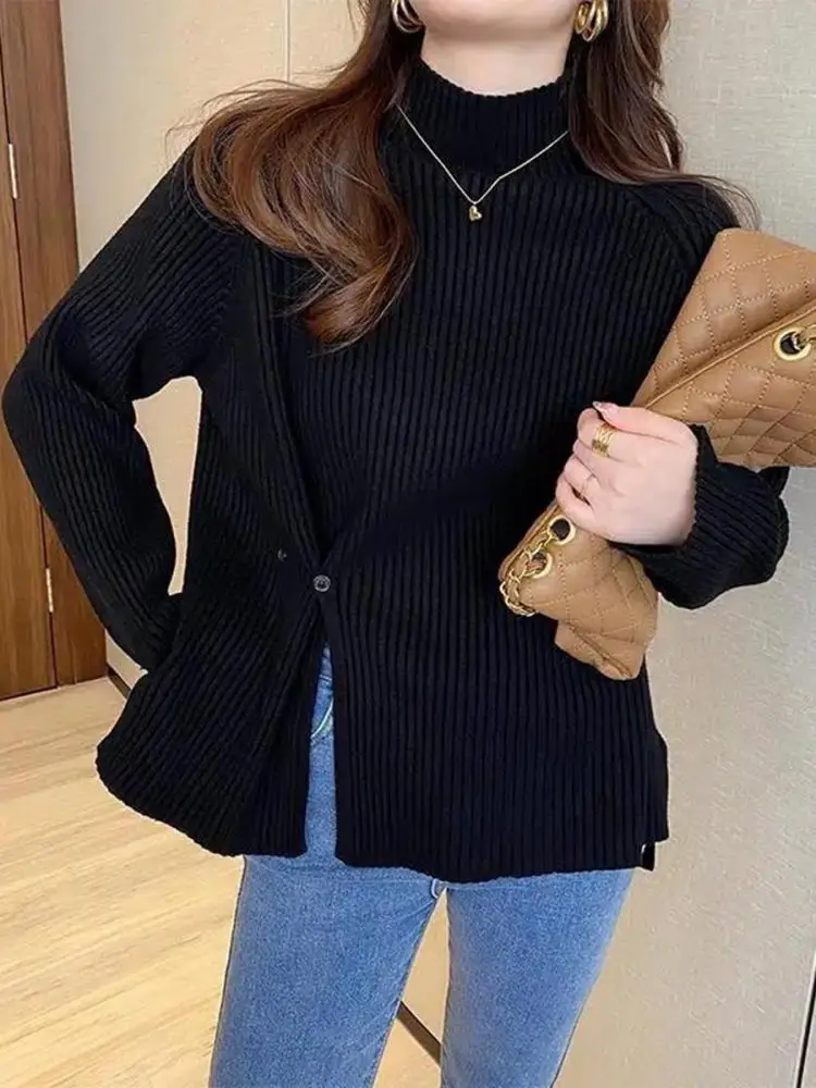 2024 Women Sweater Pullovers Turtlneck Casual Autumn Winter Split Fork Button Chic Sweater Female Slim Knit Top Soft Jumper Tops