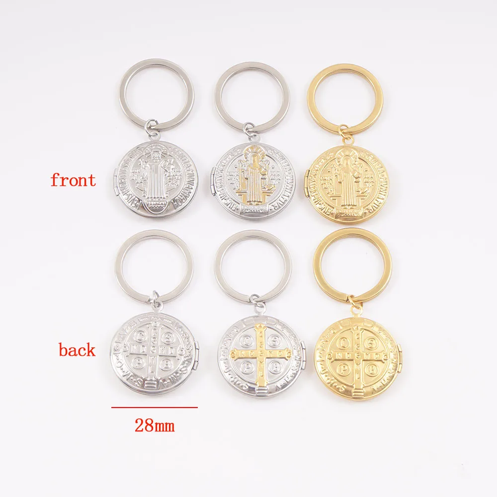 Stainless Steel San Benito Locket Keychain Gold/Silver Color Metal St Benito Cross Locket Photo Keyring Acero Inoxidable