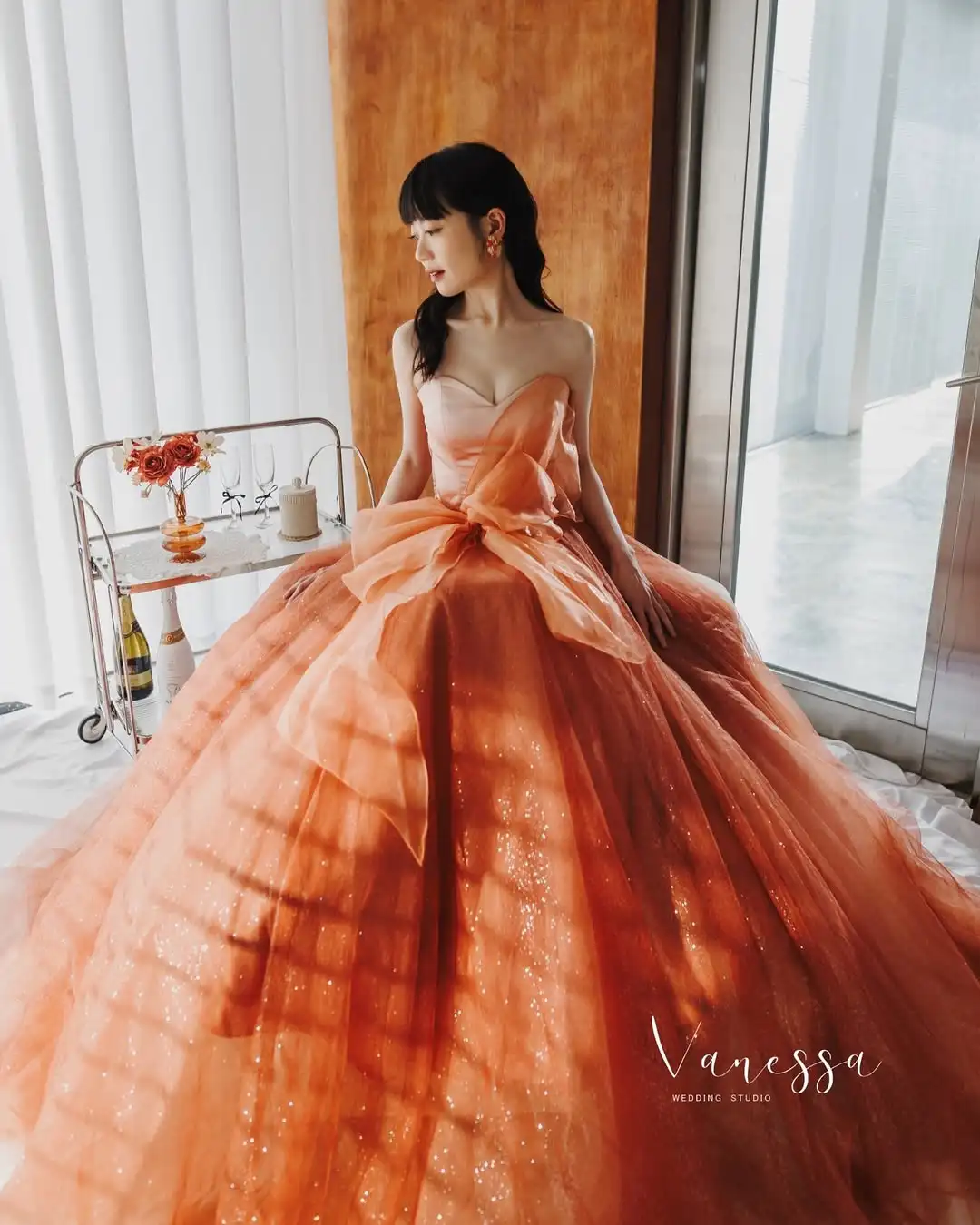 MD 2025 Fairy Orange Strapless Evening Dress Tulle Pleat Korea Photoshoot Floor Length Evening Gown Corset Customised 웨딩드레스