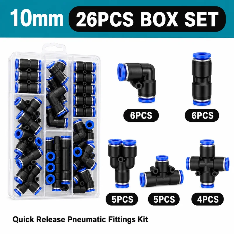 Pneumatisches Steckverbindungs-Set 4 6 8 10 12mm Luftschlauch Schnellverschluss-Verbinder Gerade Winkel T-Stück Y-Kreuz Aufbewahrungsbox