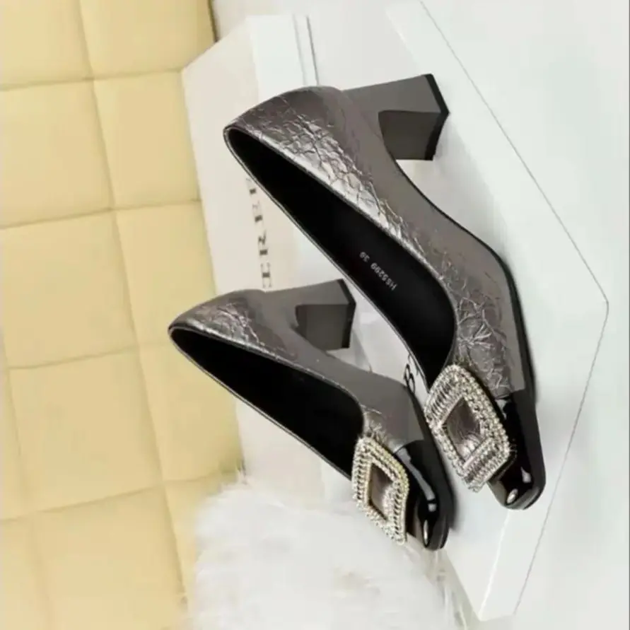 

BIGTREE Spring Women Pumps Square Toe Rhinestone PU 5CM Square Heel Shallow Square Button Dress Woman Shoes