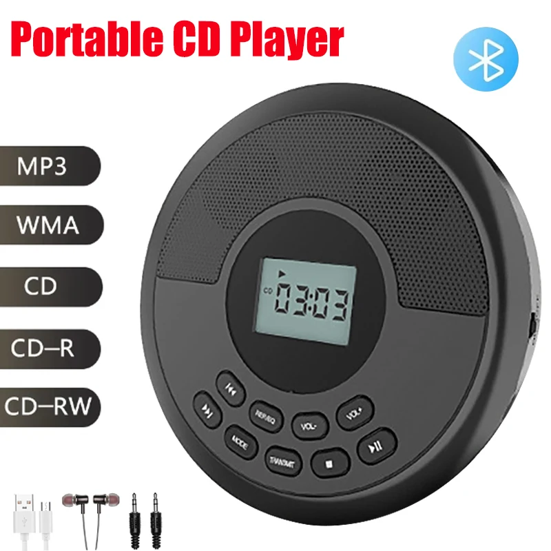 Portable CD Player Bluetooth Music CD Disc Players for Car/Travel/Home Rechargeable Discman with Speakers Headphones MP3 Walkman