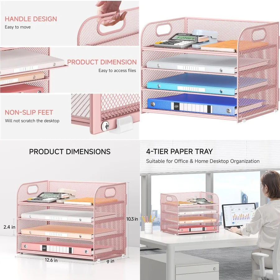 

4-уровневый органайзер для бумаги для стола с ручкой, сетчатый настольный лоток для файлов для эффективной организации офиса и класса и хранения вещей