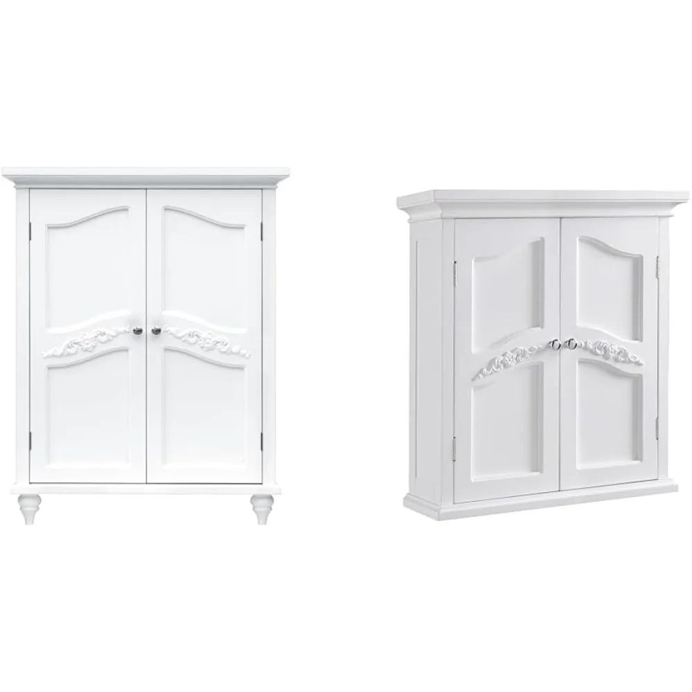 

Versailles Wooden Floor Storage Cabinet and Wall Cabinet with Adjustable Shelves and Floral Scroll Doors, White