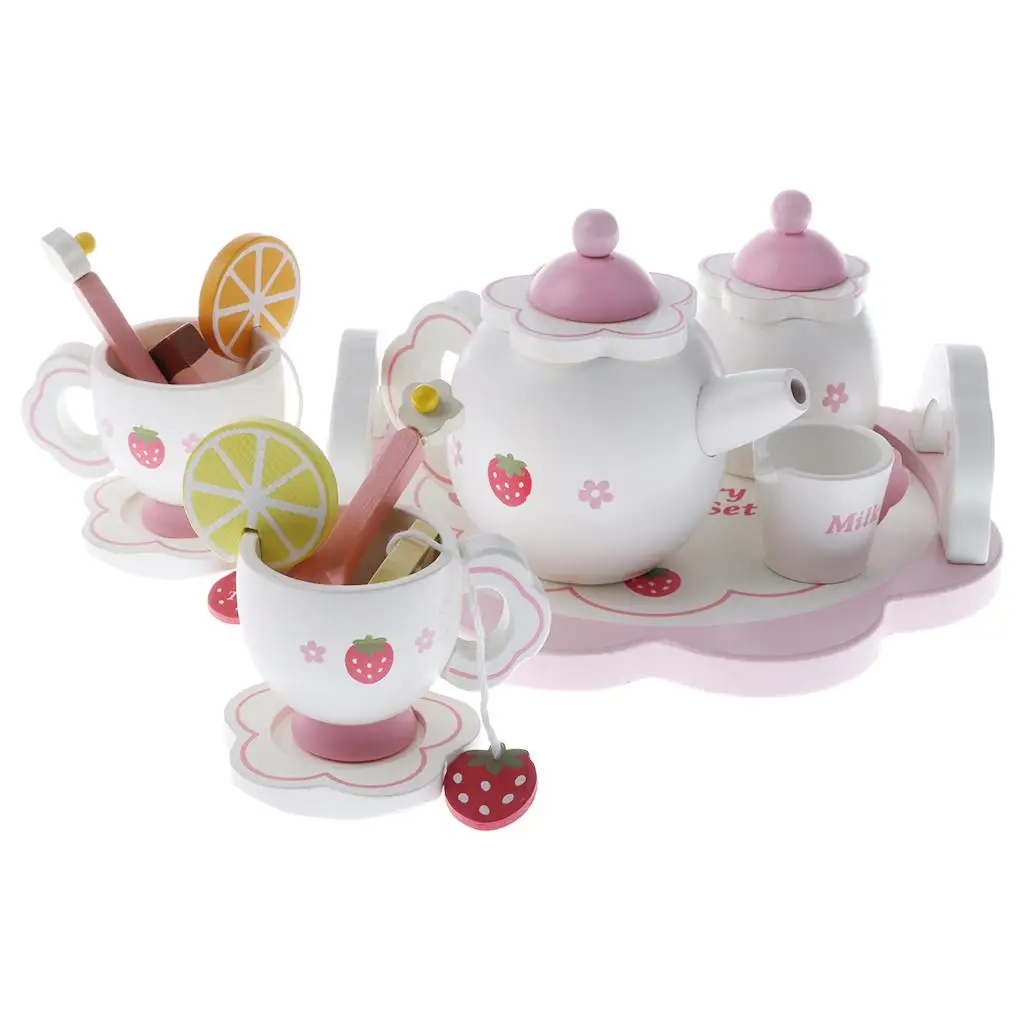 Pretend Play Wooden Tea Set, Include Kettle, Cups, Dishes, Cute Strawberry Painted, Non-, Toy, Development