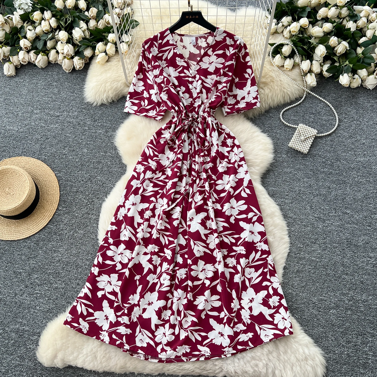 エレガントなドローストリング半袖ヴィンテージシックなスリムボールガウンドレスフレンチイブニングハイストリート服