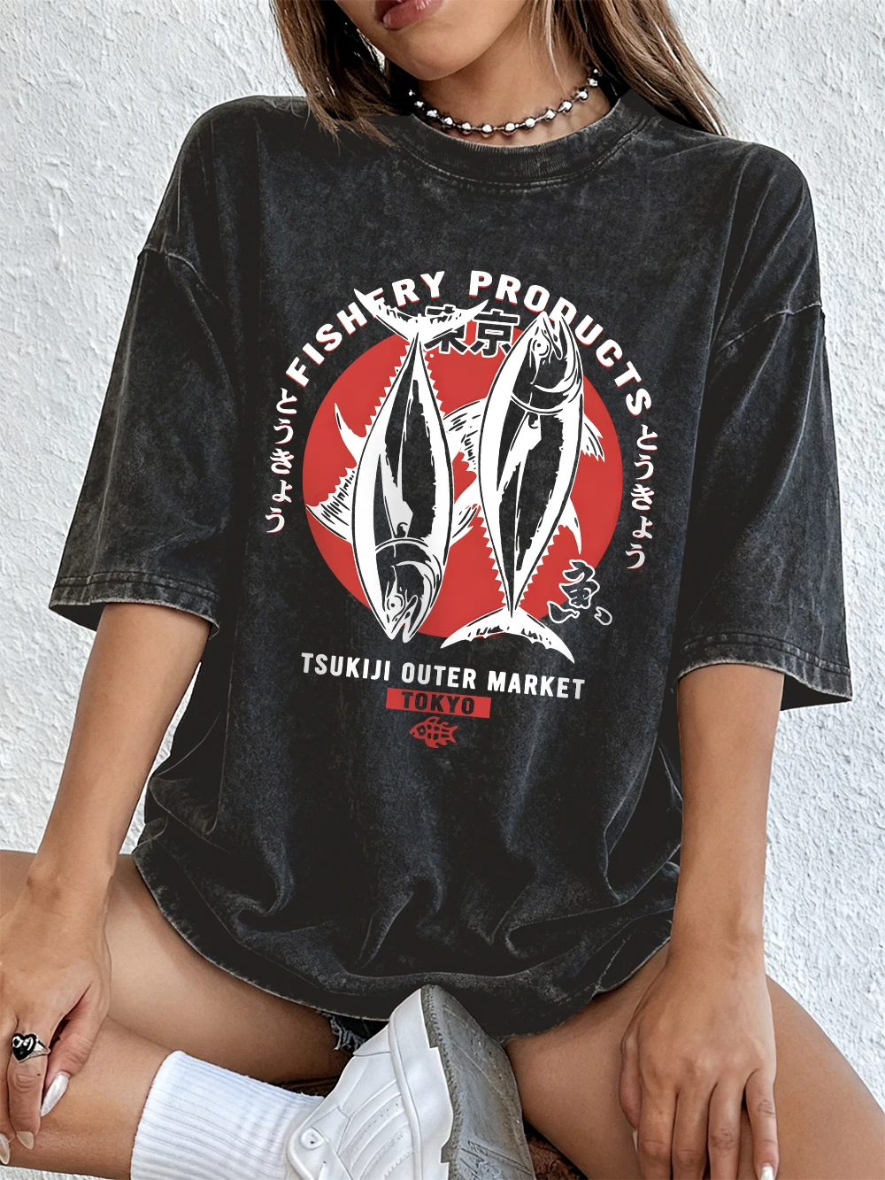 Tokyo Fishery Products Cotton Washed T-Shirt Women Summer Oversize Tops Street Distressed O-Neck T Shirt Casual Womans Clothes