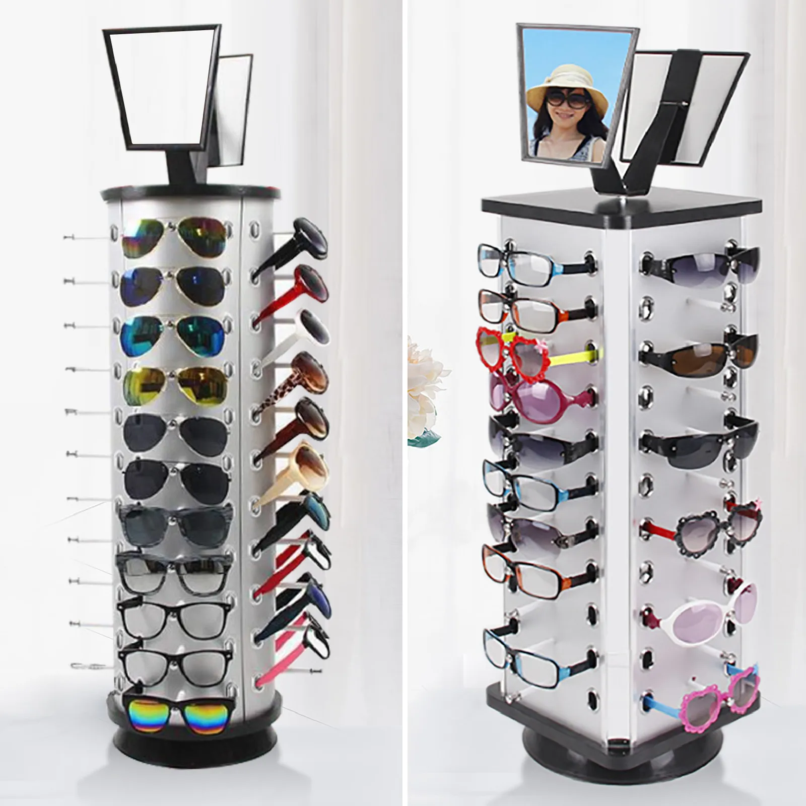 360 Rotating Sunglasses Display Stand 44 Pairs of Glasses Storage Display Stand Freestanding with Mirror