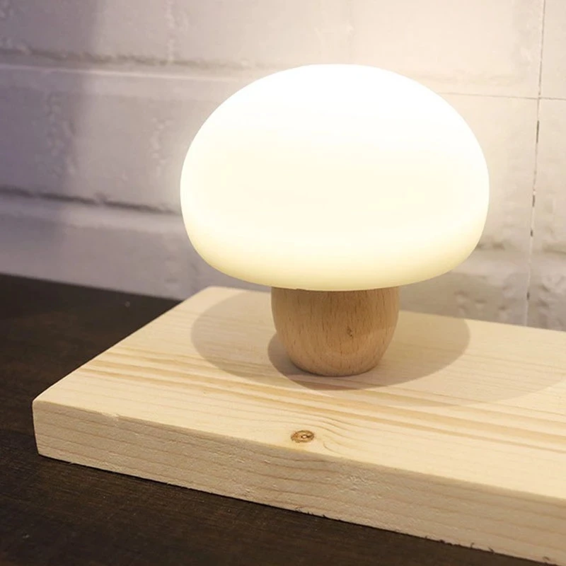 Silicone LED Night Lamp Brightness Adjustable Mushroom Pat Switch Wooden Base Timing LED Night Light For Children\'s Gift