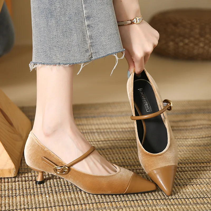 

Pointed Toe Stiletto High-heeled Shoes Feminine Pumps One-strap Color-blocked Suede Versatile Retro Mary Jane Shoes For Women