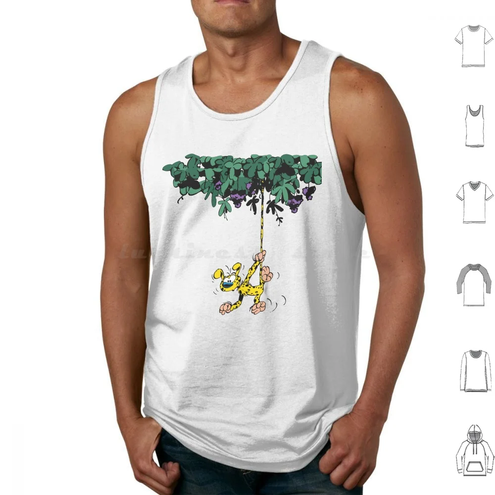 

Marsupilami Hanging On Tail Tank Tops Print Cotton Comic Book Character Yellow André Spirou Belgium France Fantasio