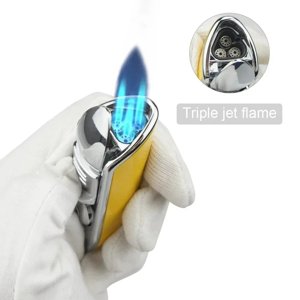 

Металлическая 3-струйная бутановая газовая горелка, зажигалка для курения, острая зажигалка в полоску для сигар, дно с функцией дрели для сигар «два в одном»