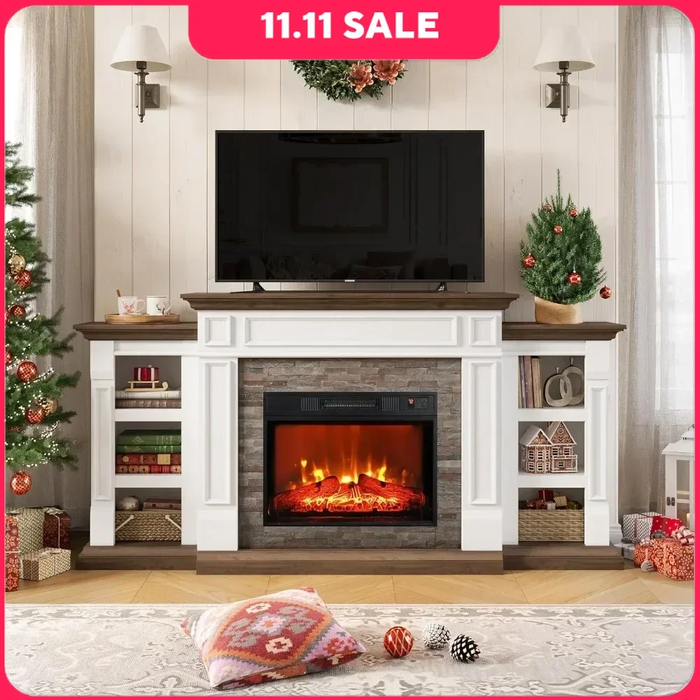 Fireplace TV Stand with Mantel & Storage Armhouse Entertainment Center with Remote Control Electric Fireplace TV Console