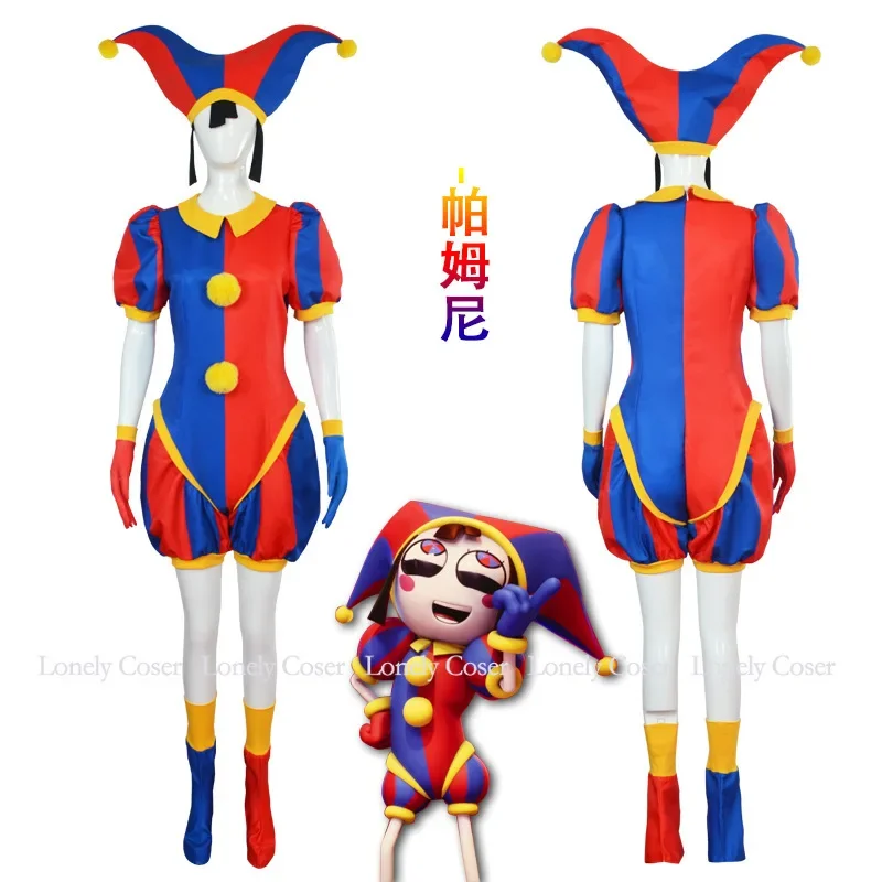 Pomni cosplay traje o incrível uniforme de circo digital chapéu sapatos capa luvas dos desenhos animados bodysuit para criança adulto ragatha jax caine