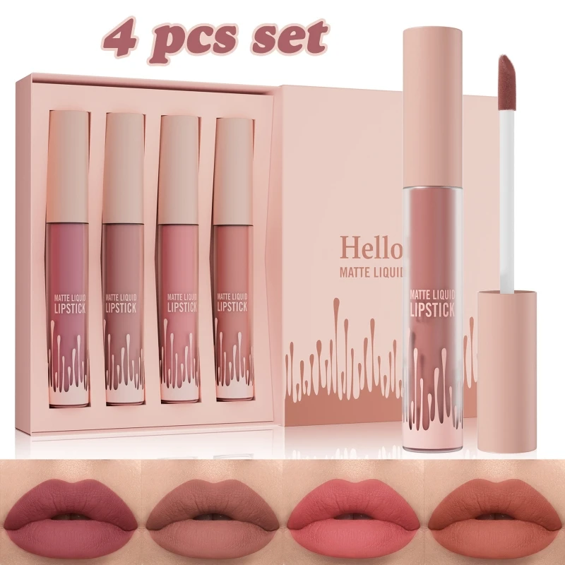 RXJC 4 Pcs/Set Matte Liquid Lipstick Set Moisturizing Lip Gloss Waterproof Lip Tints Makeup Supplies for Travel Daily Party