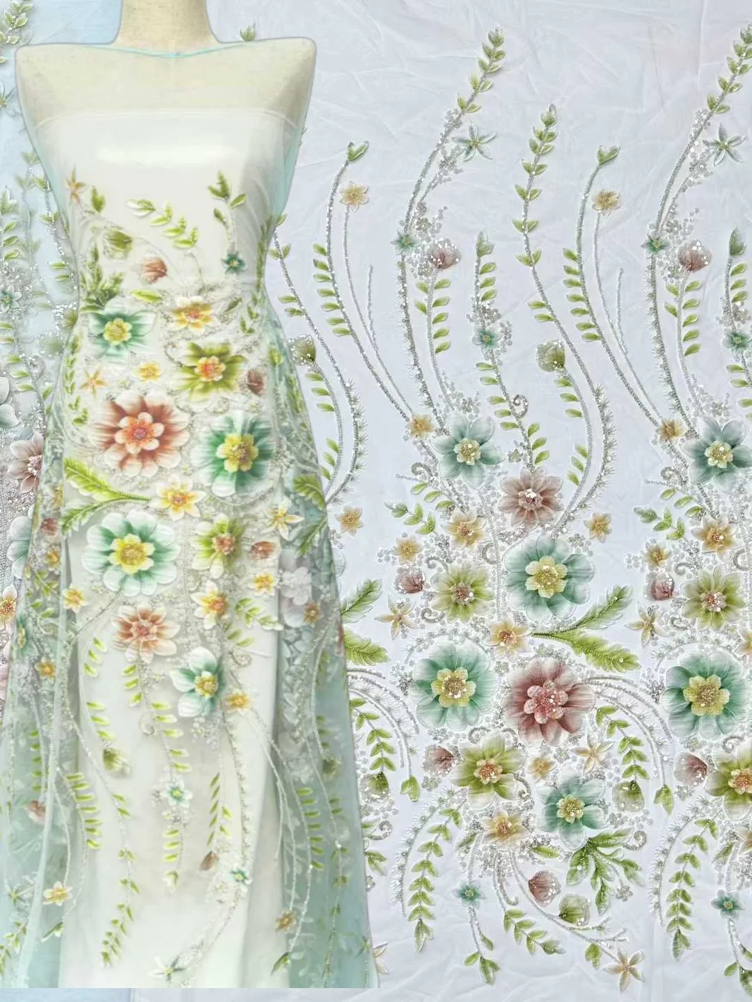 New,Laser Color Printed Appliqué French Mesh Fabric, Beaded Embroidery for Wedding Bridal Gown DIY Party/ Evening Dresses ,