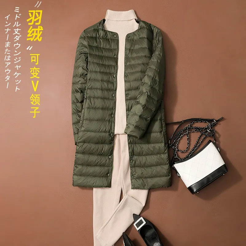 Women's Korean Style Lightweight Slim Fit Puffer Down Coat with Convertible Collar Mid Length Winter Female Parkas Outerwear