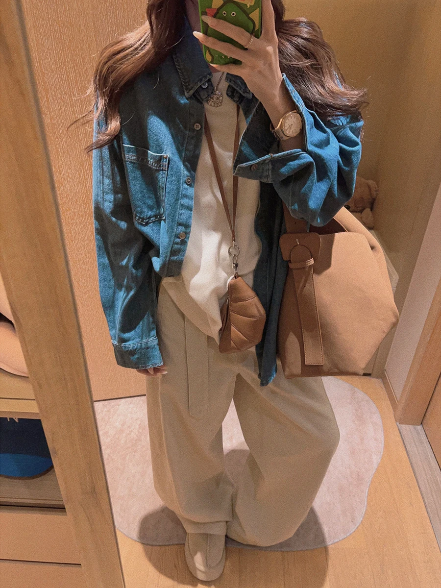 

Yukiss Vintage Waed Blue Denim irt Women's Loose Comfortable Slimming Versatile Outerwear Autumn Korean Sle Long Sve