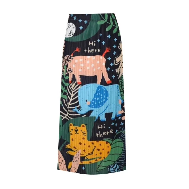 Women Elastic Waist Cartoon Graffiti Pleated Midi Skirt Summer Animal Print Petite Draped Slim Straight Casual Cute Daily Skirt