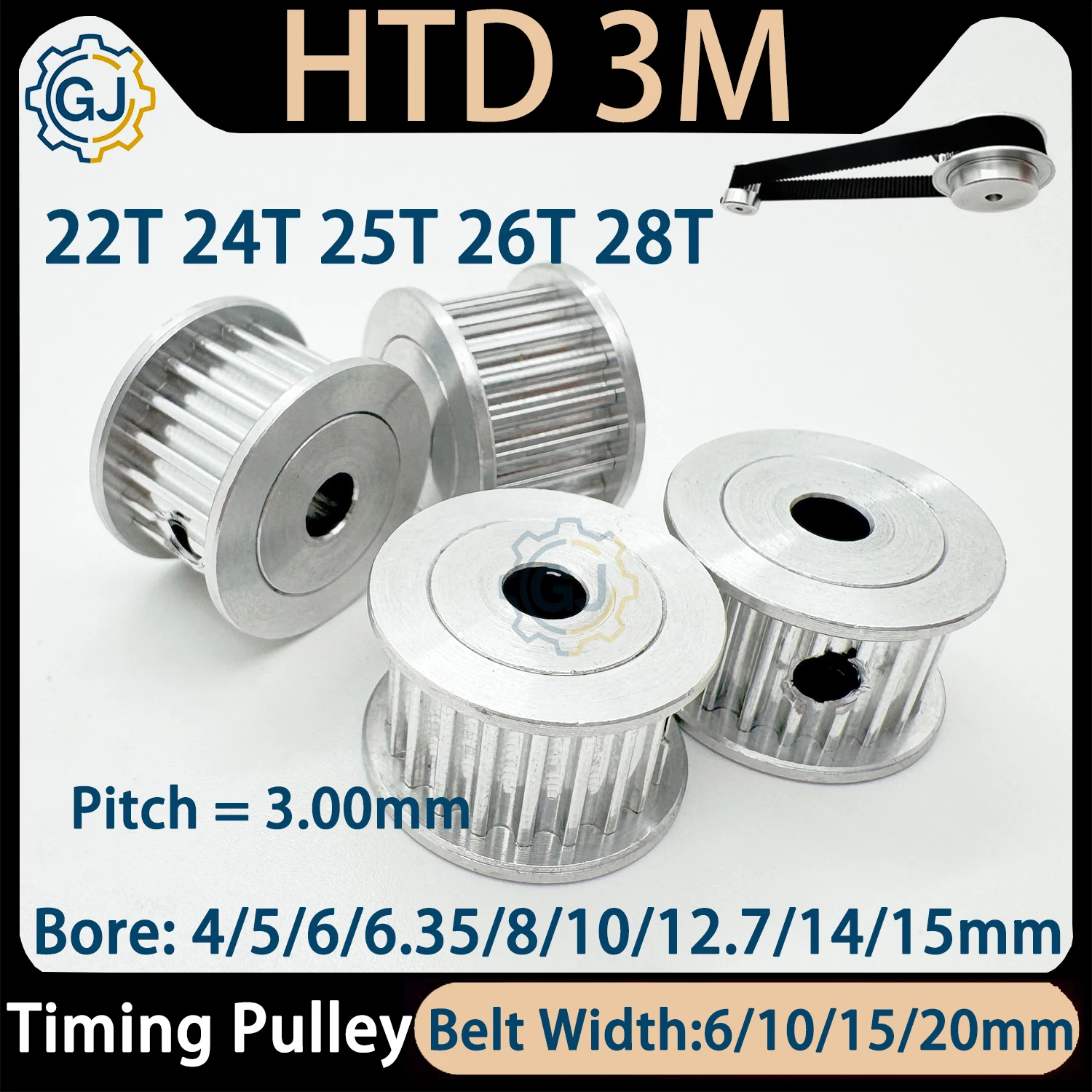 HTD 3M Timing Pulley  20Teeth 22T 24T 25T 26T 28Teeth Bore 4/5/6.35/8/10/14/15mm Fit Belt Width 6/10/15/20mm Synchronous Wheel