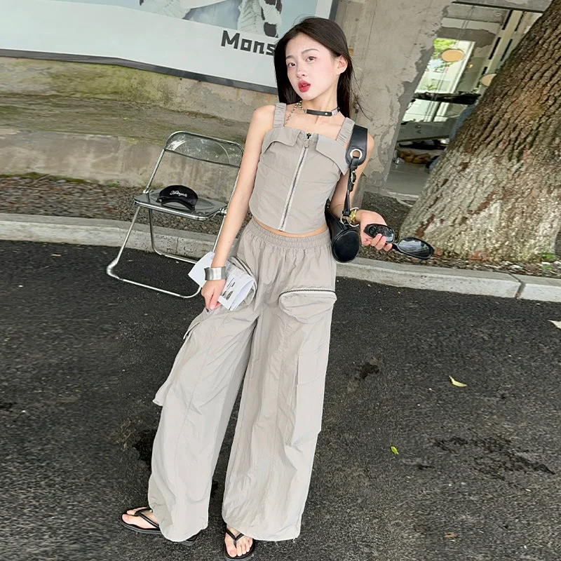 

Girls Suits Summer Suspender Overalls 2024 Women Children Hip Dance Cargo Two-piece Set European Fashion Style Clothes