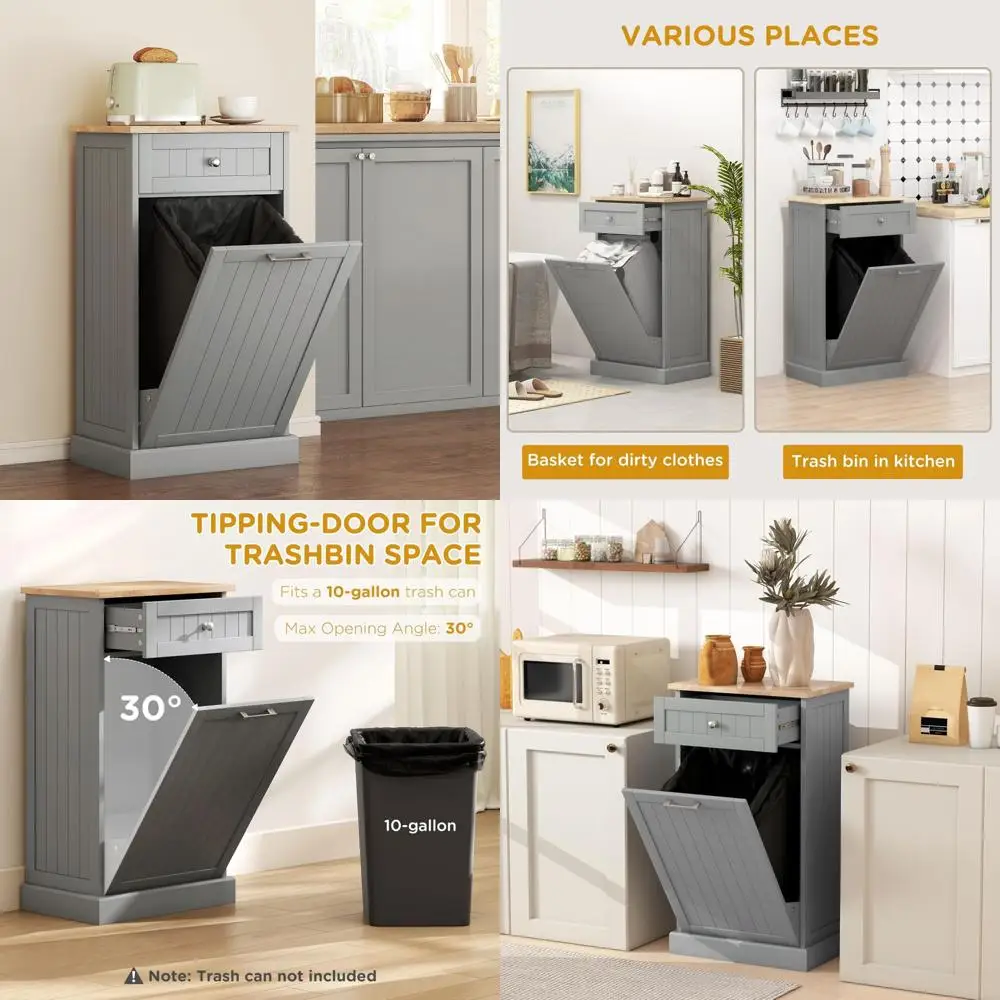 

Freestanding Tilt-Out Trash Bin Cabinet with Drawer, Gray, Kitchen Recycling Storage Solution
