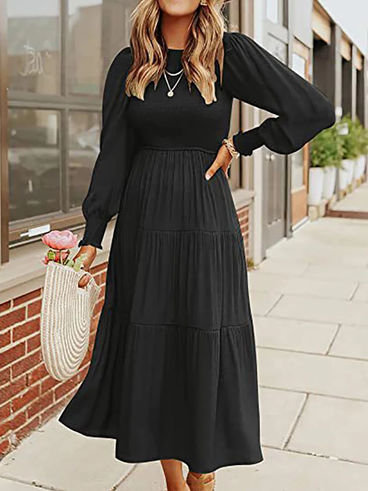 EVNISI Women O-Neck Long Sleeve Dress Casual Vacation Solid Big Swing A-Line Long Dresses Elegant Office Vestidos Fall Winter